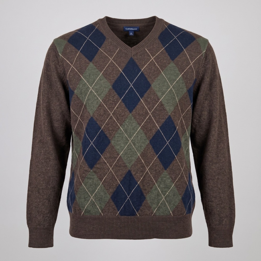 Croft & Barrow Mens XL Brown Sweater V-Neck Argyle Cotton‎ Wool Blend Pullover